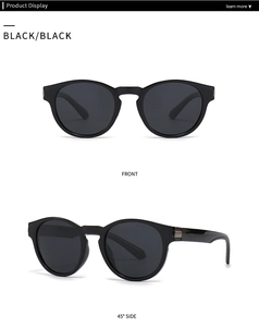 Front and 45-degree side views of black square polarized sunglasses with metal hinge detail