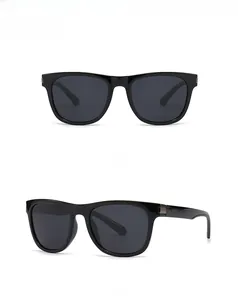 Classic square black polarized sunglasses with metallic hinges from front and 45 degree angles