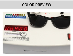 Detailed UV400 test showing black square sunglasses on a professional lens detector device