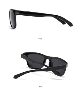 Detailed side and back views of classic black square polarized sunglasses with silver hinges