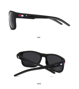 Side and back view of matte black TR sunglasses with signature tri-color stripe temple detail