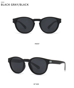 Front and 45-degree side views of matte black square polarized sunglasses with silver metal detail