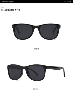 Classic square black polarized sunglasses showing front and side views on white background