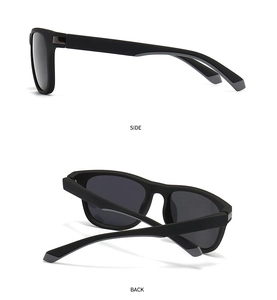 Detail view showing matte black frames and gray inner temples of these square sunglasses