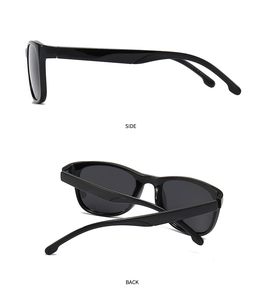 Detail view of classic black polarized sunglasses showing side temple and back frame