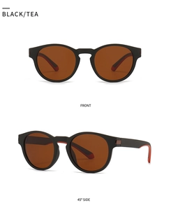 Front and 45-degree side views of black matte square polarized sunglasses with tea lenses