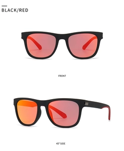 Detailed views of square matte black sunglasses with red mirrored lenses and metal hinges