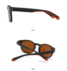Detail view of square polarized sunglasses showing side and back orange inner temple