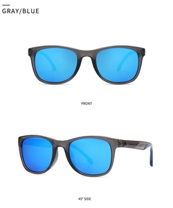 Front and 45-degree side view of vintage square sunglasses with gray frames and blue lenses