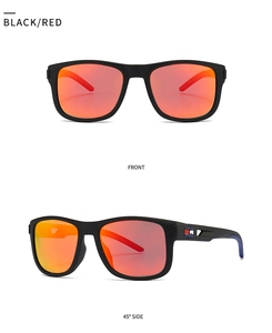 Front and 45-degree side views of black matte TR sunglasses with red mirrored lenses