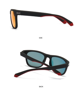 Side and back view of matte black square polarized sunglasses with red non-slip accents