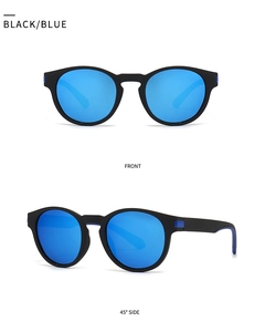 Front and side view of square polarized sunglasses with matte black frame and blue mirrored lens