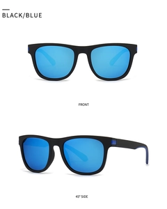 Close-up of square matte black sunglasses with blue mirrored polarized lenses from two angles