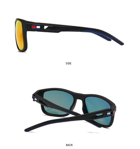 Detail view of TR sports sunglasses showing side profile and blue anti-slip temple texture