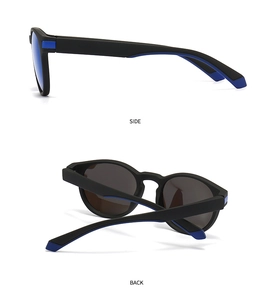 Side and back view of polarized square sunglasses featuring matte black frames and blue accents
