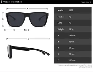 Detailed size chart for square polarized sunglasses with specific frame measurements