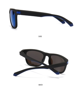 Side and back view of square polarized sport sunglasses with matte black frame and blue accents