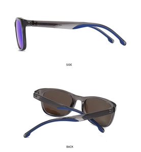 Side and back view of retro square sunglasses with smoky grey frames and blue temple details
