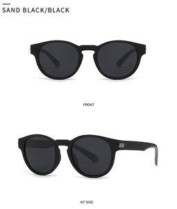 Front and side view of sand black round polarized sunglasses with metal temple accents