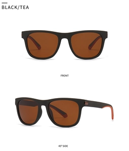 Detailed front and side view of matte black square sunglasses with brown tea lenses