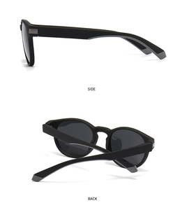 Detailed side and back views of matte black square polarized sunglasses with grey lenses
