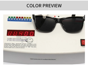 Close-up of polarized square sunglasses undergoing professional UV400 protection test