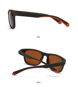 Detailed side and back views of black square polarized sunglasses with orange rubber tips