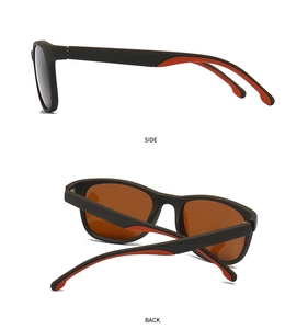 Side and back view of matte black polarized sunglasses with red sporty accents