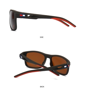 Detail view showing side and back angles of matte black sports sunglasses with brown lenses
