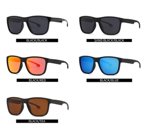 Grid view of polarized square sunglasses in black, red, blue and tea lens colors
