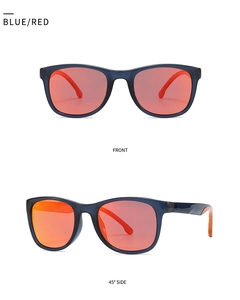 Front and 45-degree side views of blue square frame sunglasses with red polarized lenses