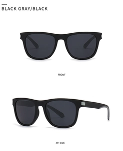 Front and 45-degree side views of classic matte black square polarized sunglasses