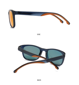 Detailed side and back views of classic square polarized sunglasses with orange grips