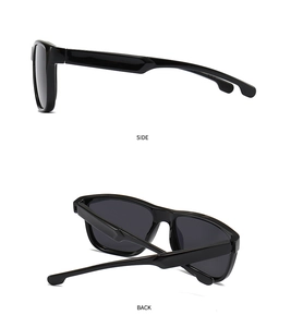 Detail view of glossy black square sunglasses frames showing side and back structure