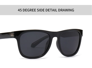 Detailed 45-degree side view showing silver metal hinges and black square sunglasses frame