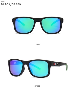 Front and 45-degree side view of matte black sunglasses with green gradient lenses
