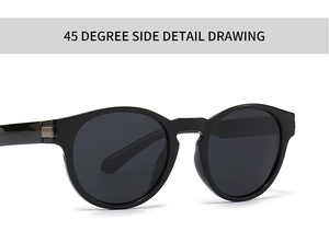 Detailed 45-degree side view of black square polarized sunglasses with metal hinges