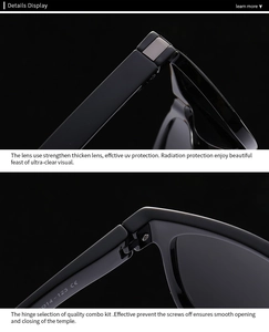 Detail of premium hinges and UV protection lenses on square polarized sunglasses
