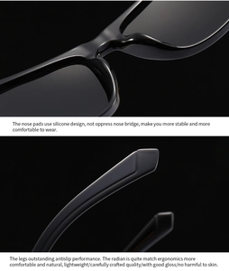 Detail of square polarized sunglasses showing ergonomic temples and soft silicone nose pads