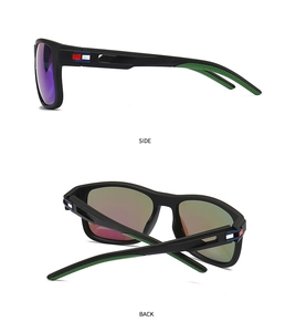 Detailed side and back views of matte black sports sunglasses with colorful mirrored lenses