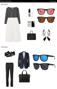 Lookbook display featuring classic square polarized sunglasses with formal and casual outfits