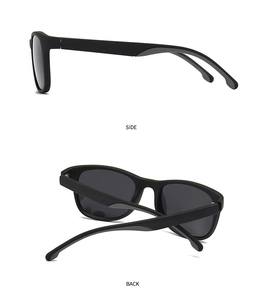 Detailed side and back views of classic matte black square frame polarized sunglasses