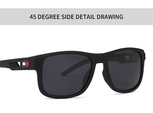 Detailed 45-degree side view of matte black square TR sunglasses with classic frame