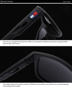 Detail view of reinforced hinges and signature stripe logo on matte black sunglasses