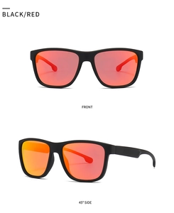 Front and 45-degree side views of classic matte black sunglasses with red mercury lenses