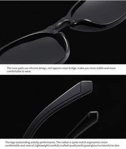 Detail of ergonomic anti-slip temples and integrated silicone nose pads on black sunglasses