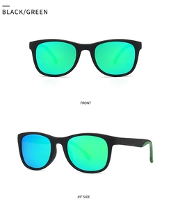Classic retro square polarized sunglasses in matte black with green mirrored lenses