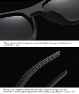Detail of ergonomic silicone nose pads and non-slip textured temples on matte black sunglasses