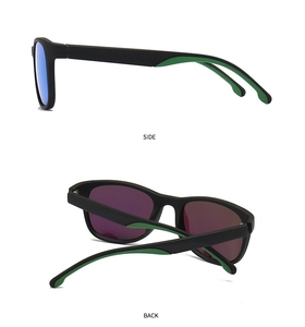 Detail view of sport sunglasses with matte black frames and colorful polarized lenses