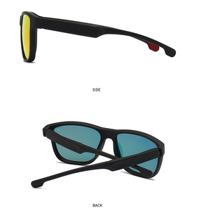 Side and back views of matte black polarized sunglasses with colorful mirrored lenses